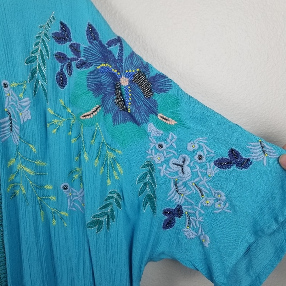 Chico's Aqua Blue Embroidery Beaded Bohemian Duster Kimono Beach Cover Up Sz S/M - Picture 8 of 12